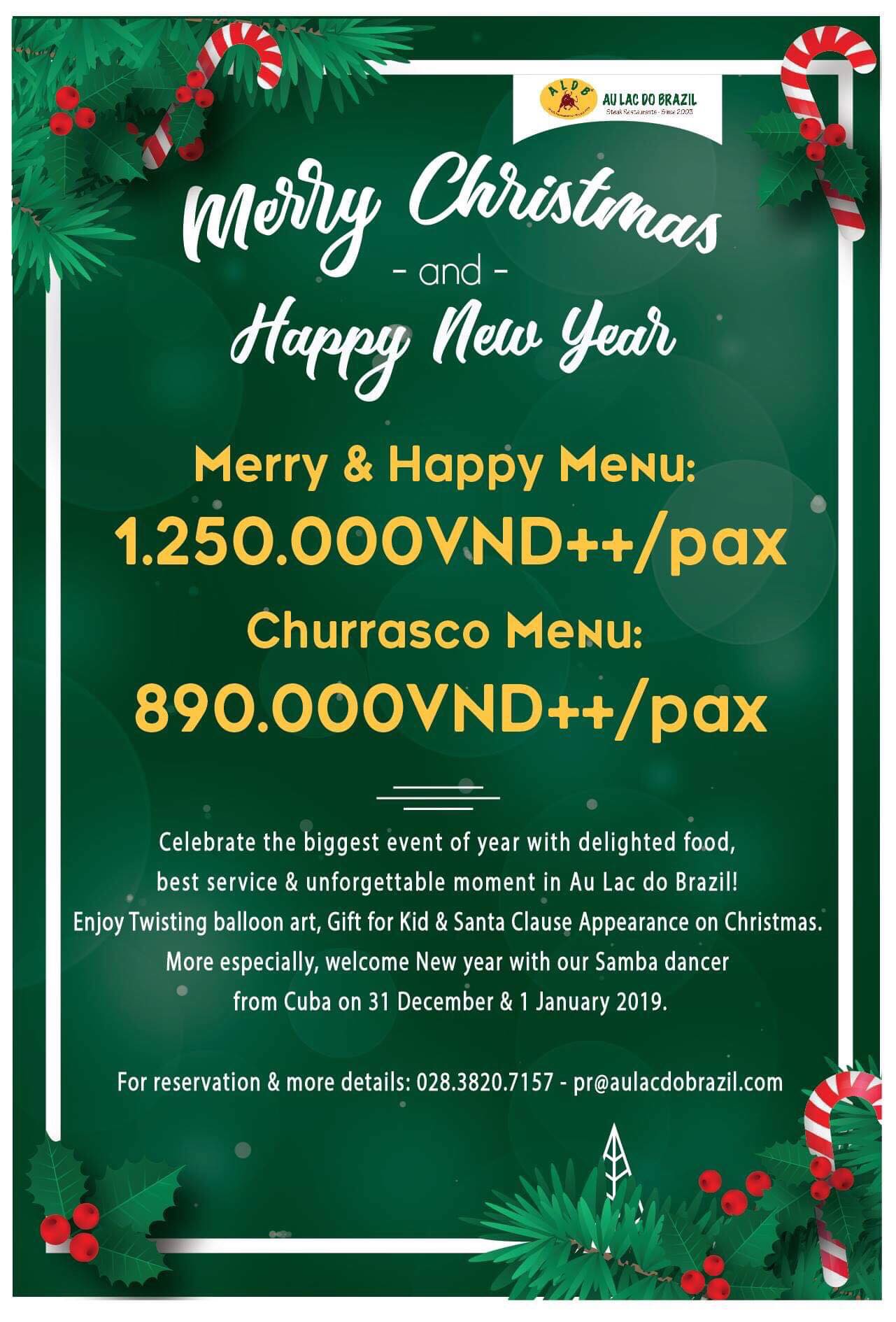 ホーチミンのステーキレストラン【Au Lac do Brazil】からクリスマス＆年末特別メニューのお知らせ