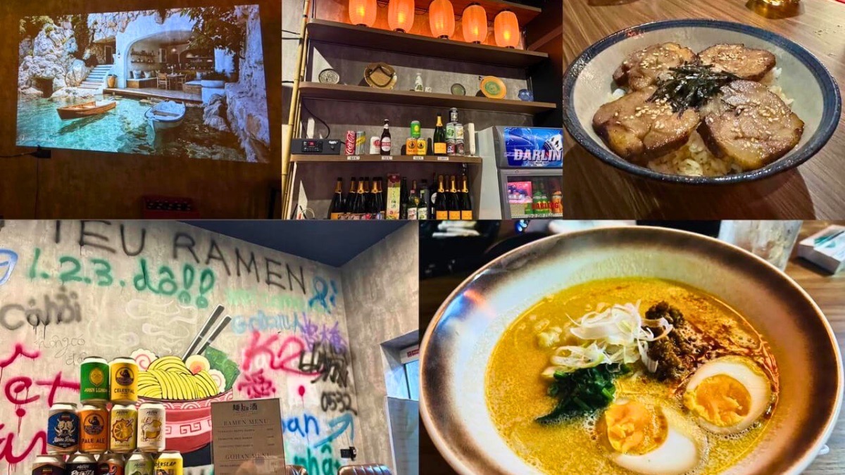 ANH YÊU RAMENの店内と豚骨ラーメンの写真