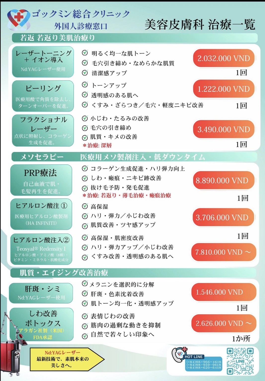 ゴックミン総合クリニックの美容皮膚科施術と料金