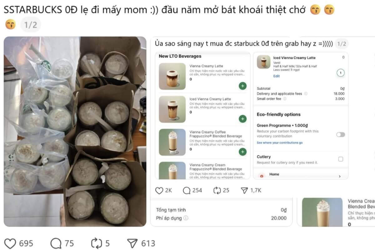 スタバで「0ドン表示」トラブル、Grabアプリで注文殺到