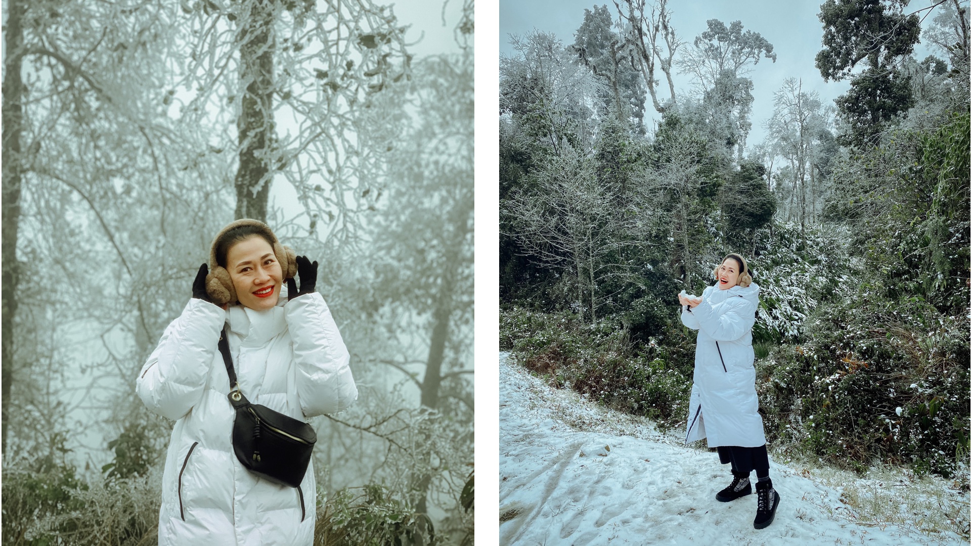 ベトナムで積雪、雪景色で写真撮影する観光客